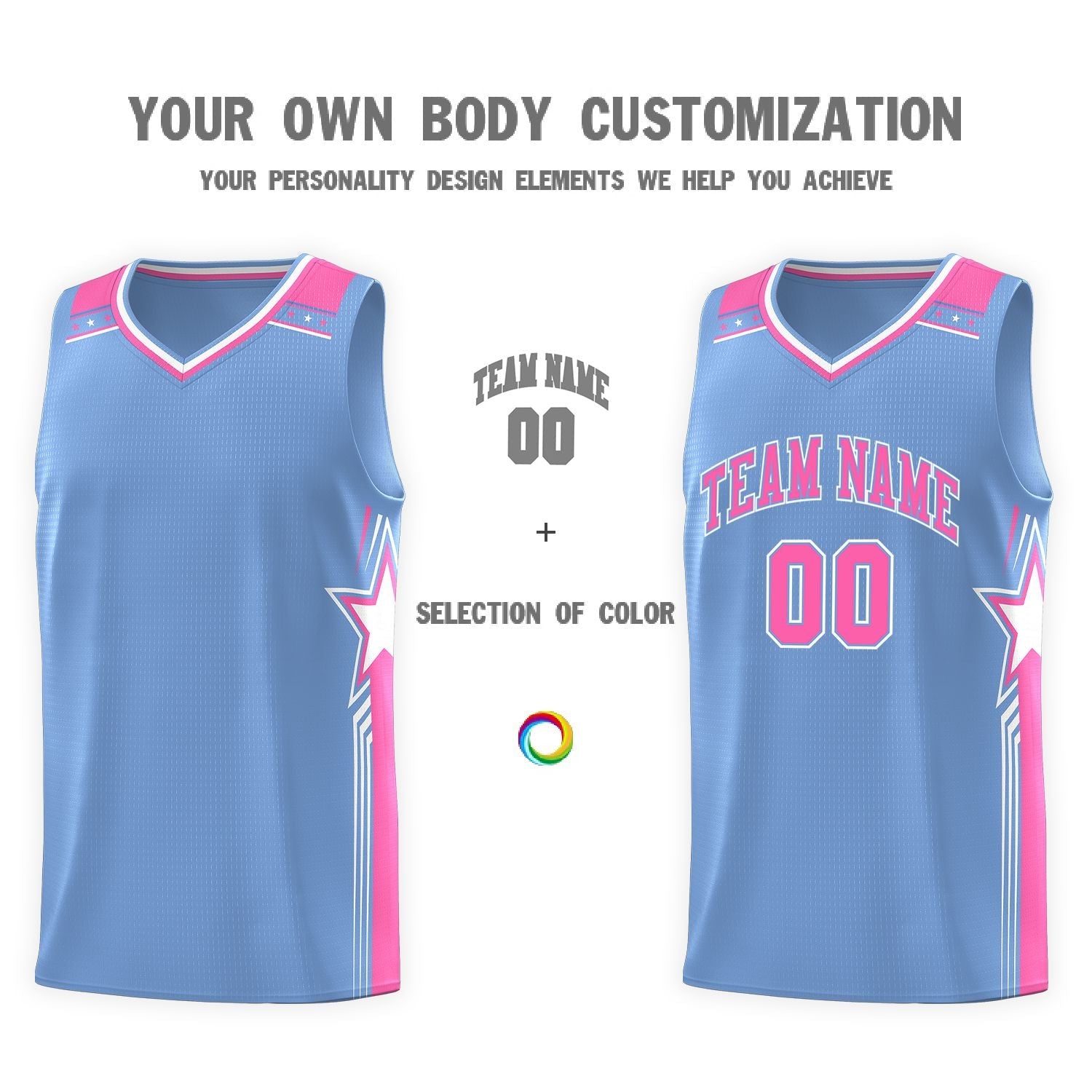 Custom Light Blue Pink Star Graffiti Pattern Sports Uniform Basketball Jersey