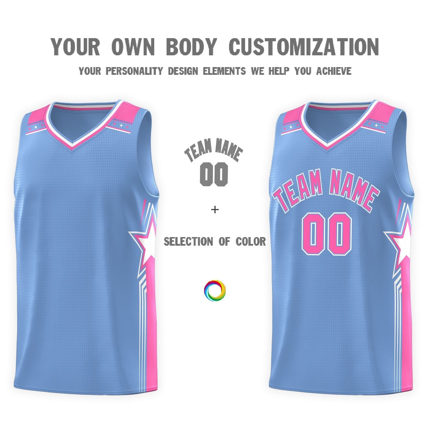 Custom Light Blue Pink Star Graffiti Pattern Sports Uniform Basketball Jersey