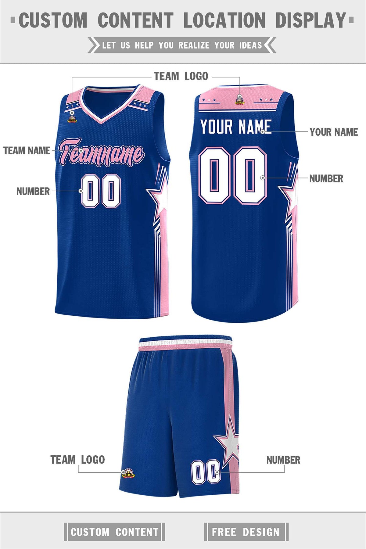 Custom Royal Light Pink Star Graffiti Pattern Sports Uniform Basketball Jersey