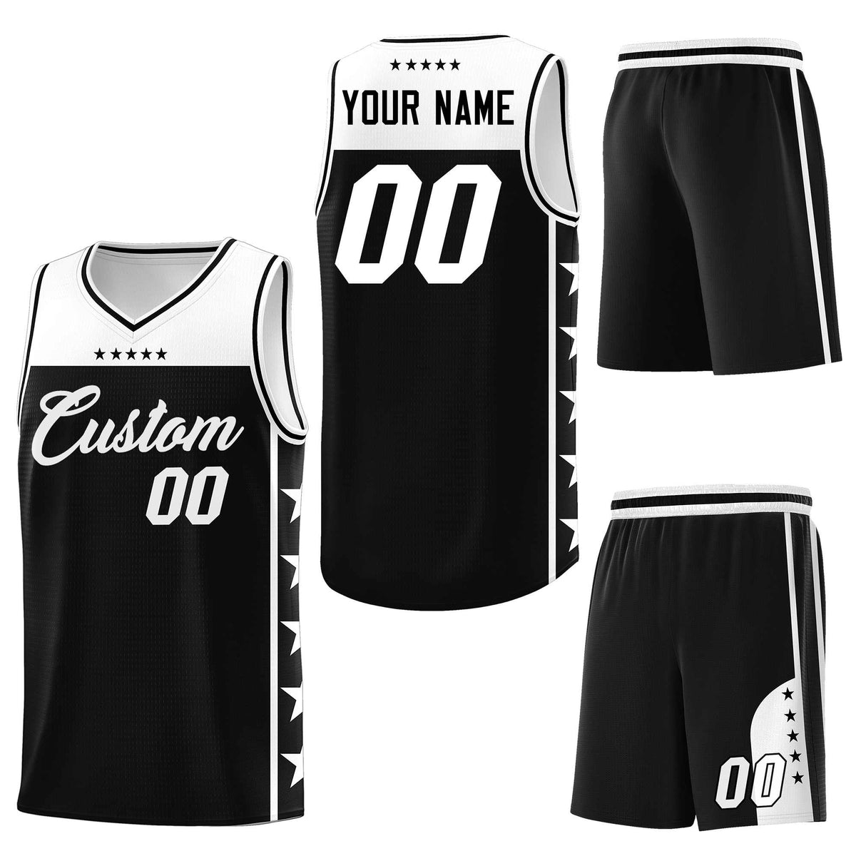 Custom Black White Personalized Star Pattern Sports Uniform Basketball Jersey