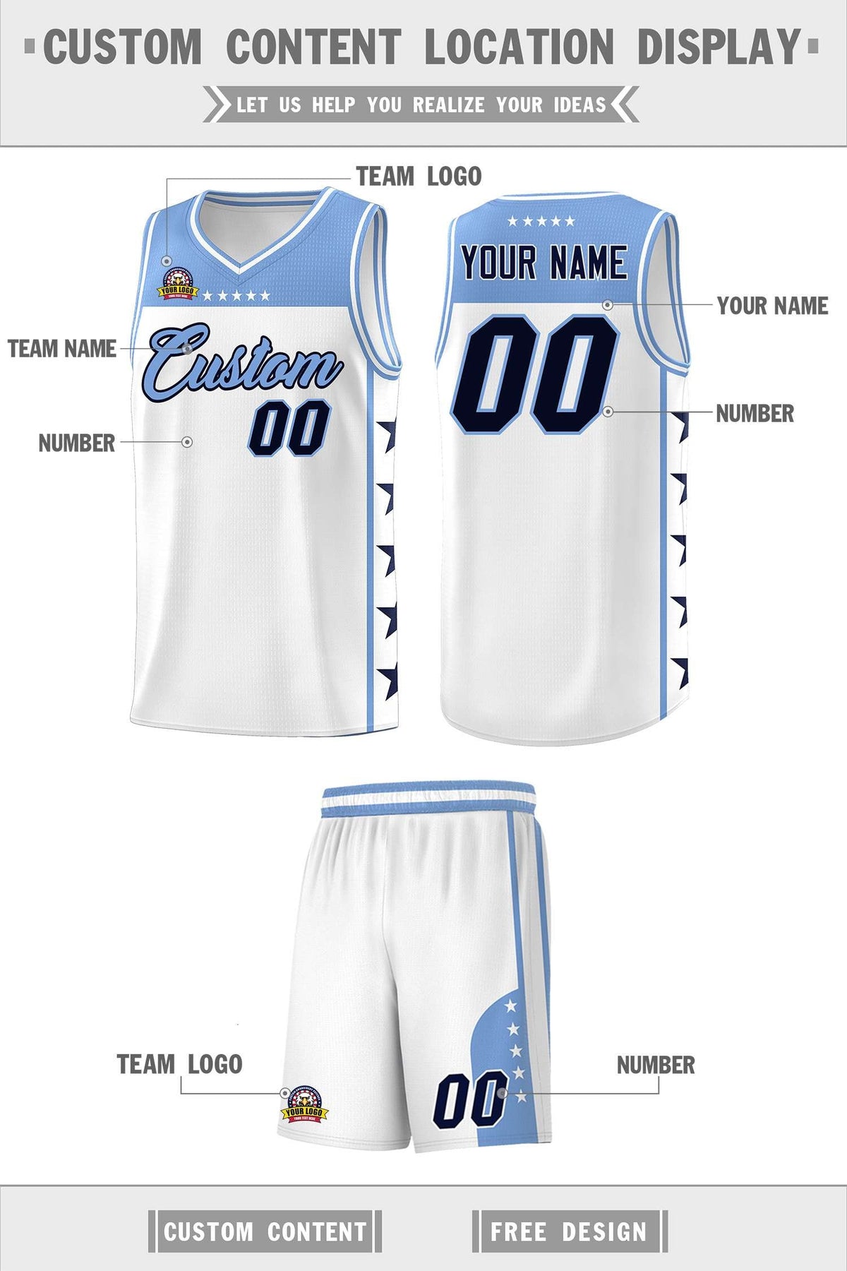 Custom White Light Blue Color Block Sets Sports Uniform Basketball Jersey
