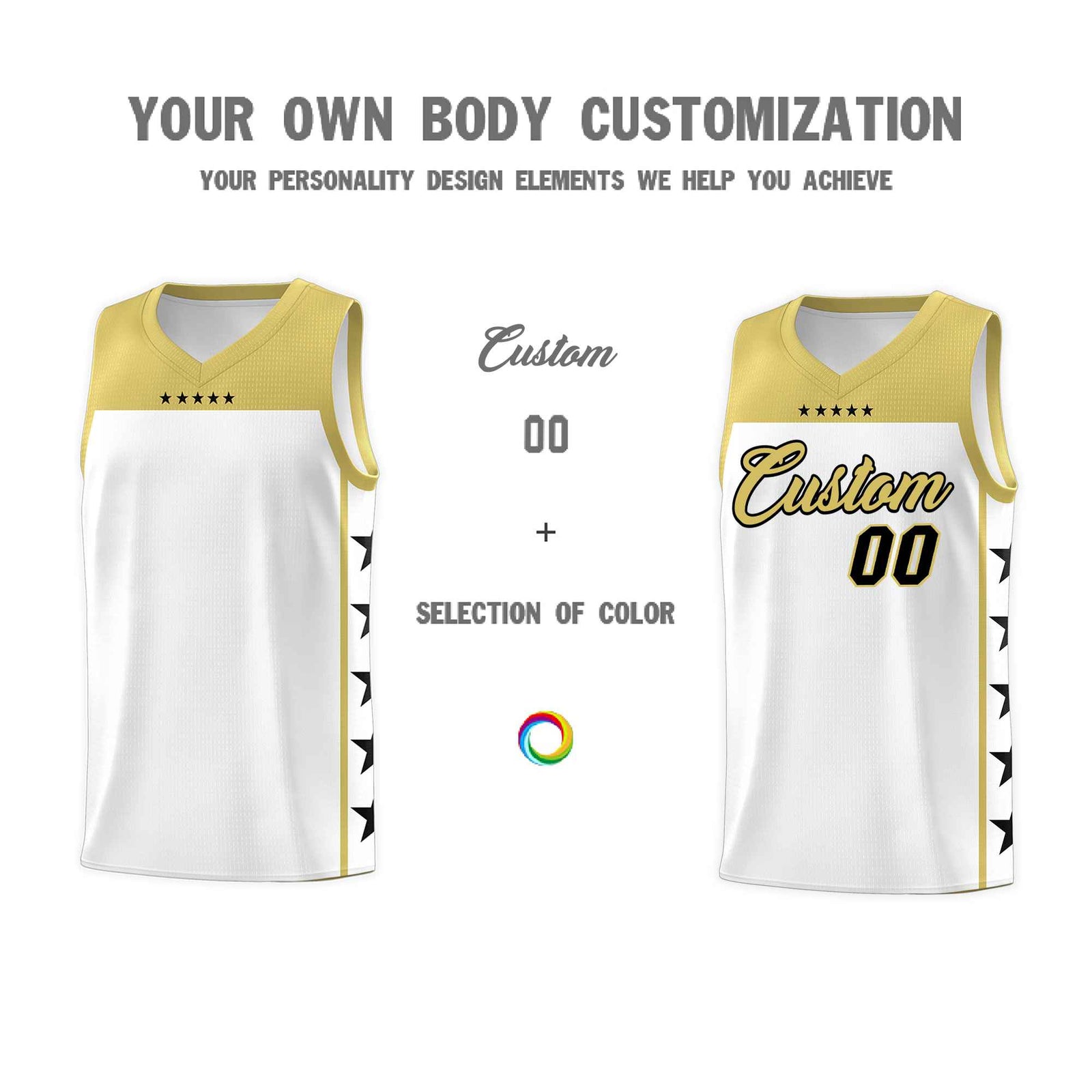 Custom White Old Gold Color Block Sets Sports Uniform Basketball Jersey
