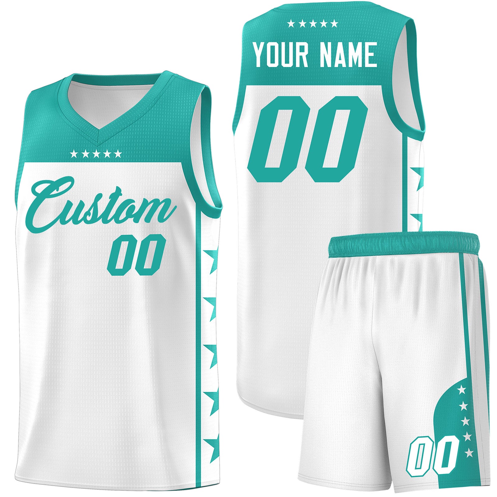 Custom White Aqua Personalized Star Pattern Sports Uniform Basketball Jersey