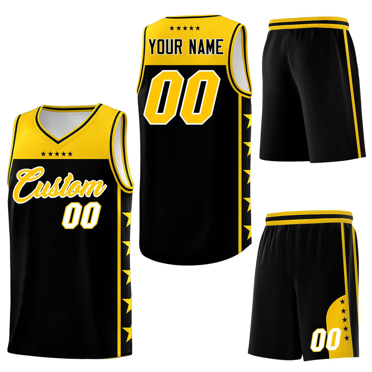 Custom Black Yellow Personalized Star Pattern Sports Uniform Basketball Jersey