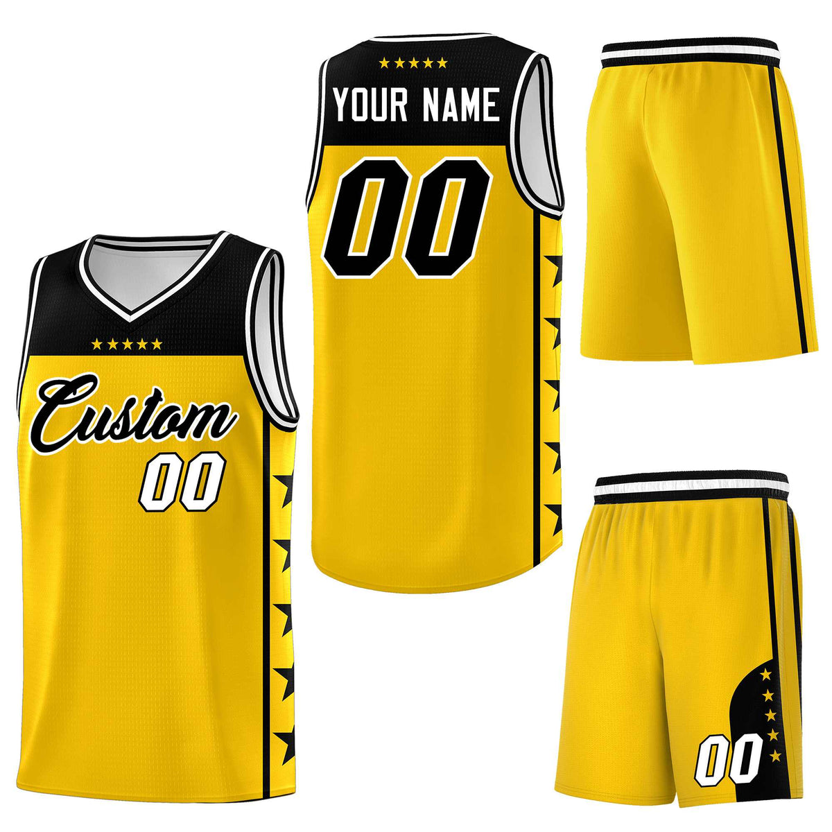 Custom Gold Black Personalized Star Pattern Sports Uniform Basketball Jersey