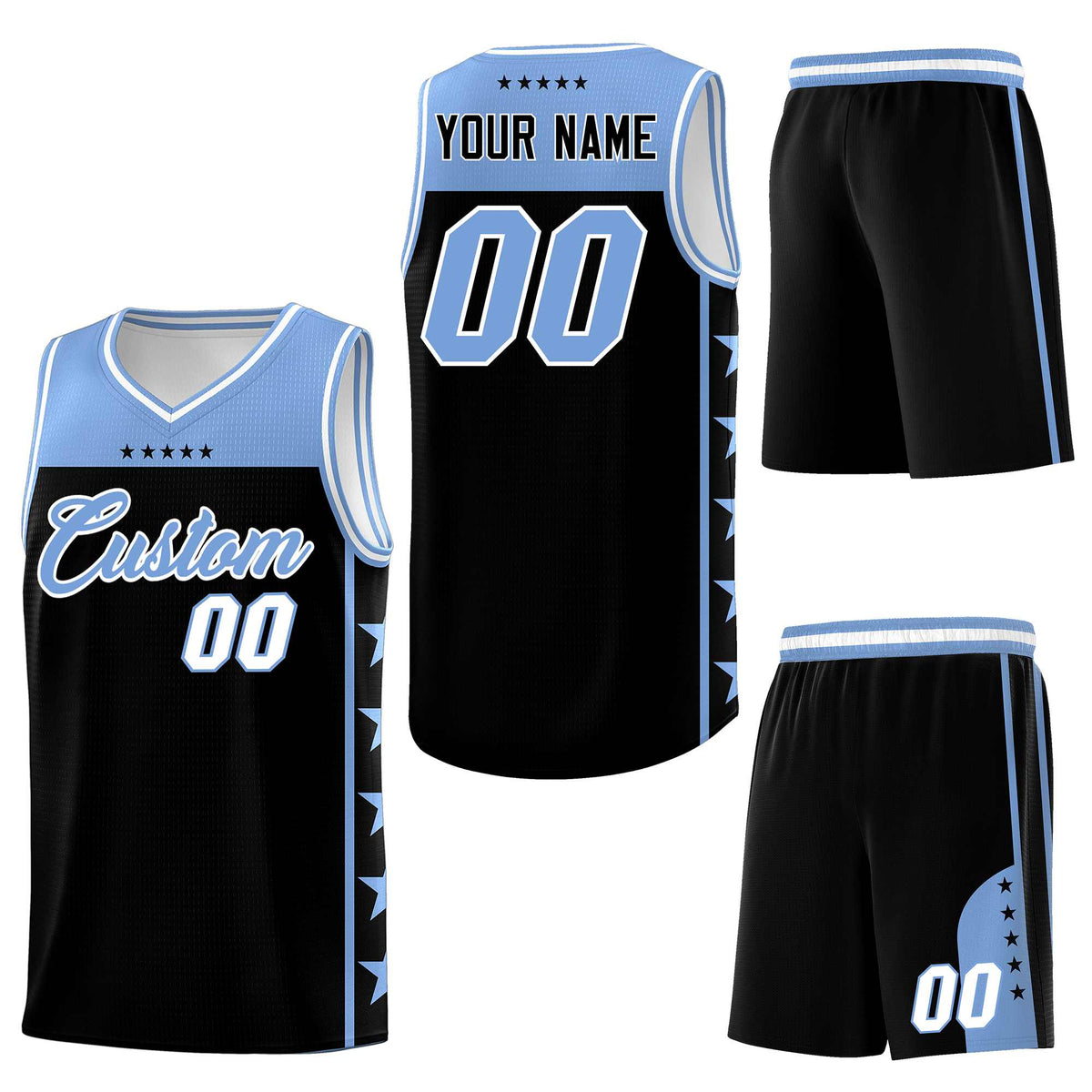 Custom Black Light Blue Personalized Star Pattern Sports Uniform Basketball Jersey