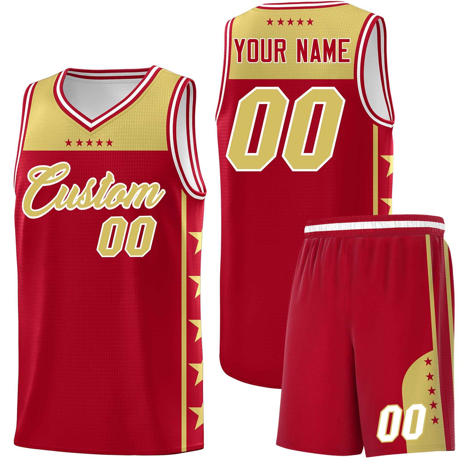 Custom Red Old Gold Color Block Sets Sports Uniform Basketball Jersey
