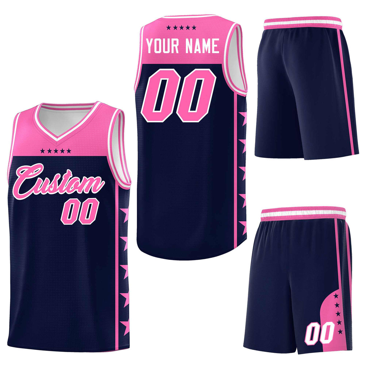 Custom Navy Pink Personalized Star Pattern Sports Uniform Basketball Jersey