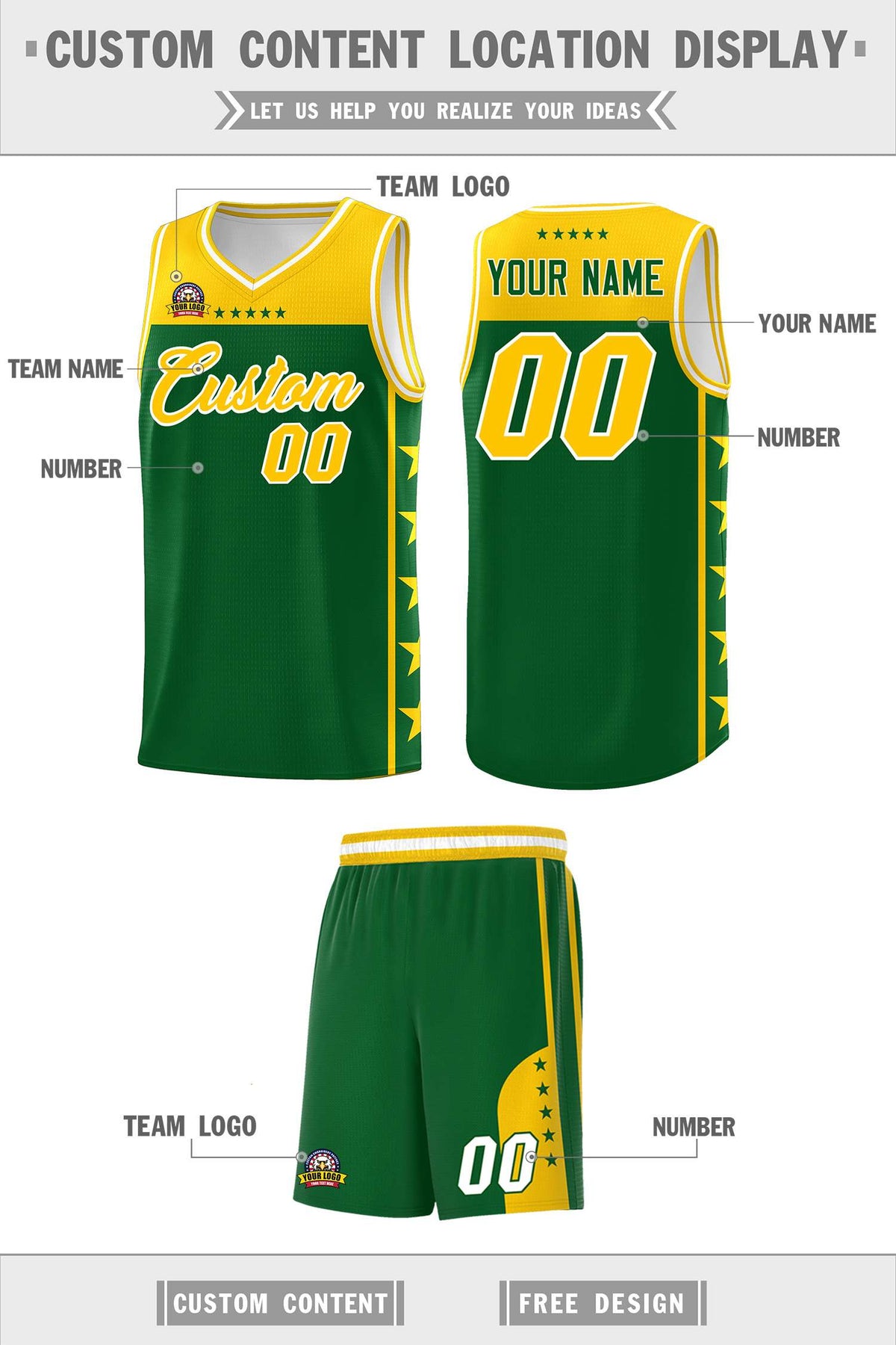 Custom Kelly Green Yellow Color Block Sets Sports Uniform Basketball Jersey