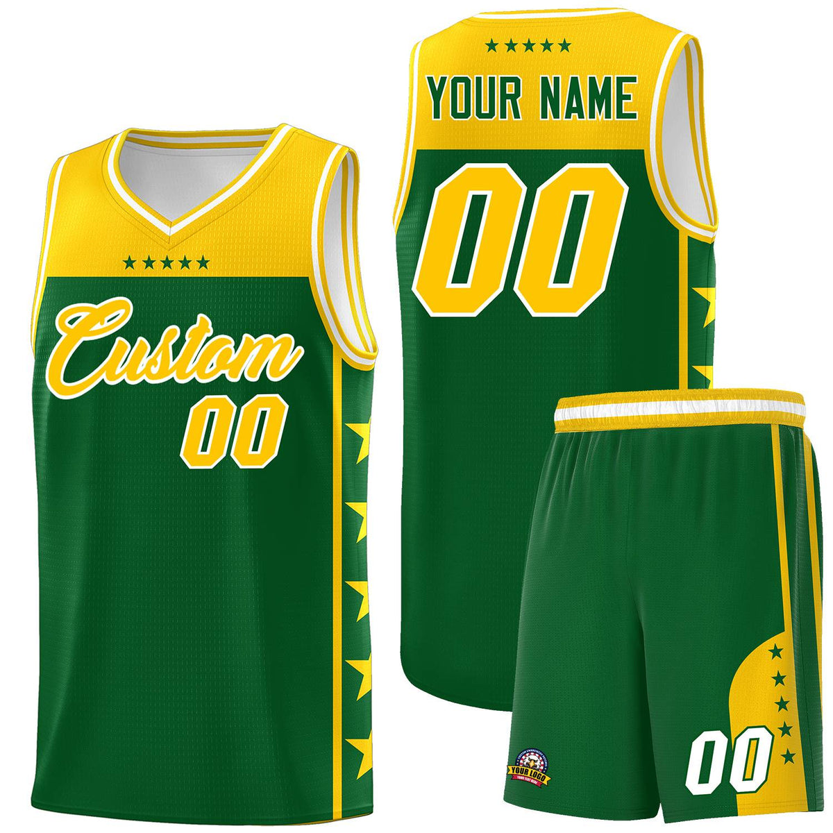 Custom Kelly Green Yellow Color Block Sets Sports Uniform Basketball Jersey