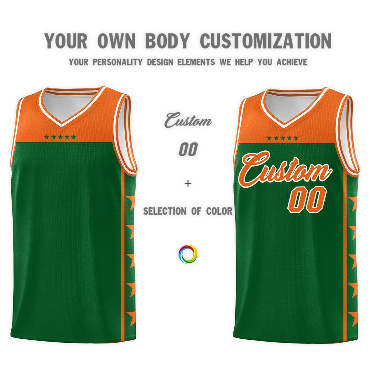 Custom Kelly Green Orange Color Block Sets Sports Uniform Basketball Jersey