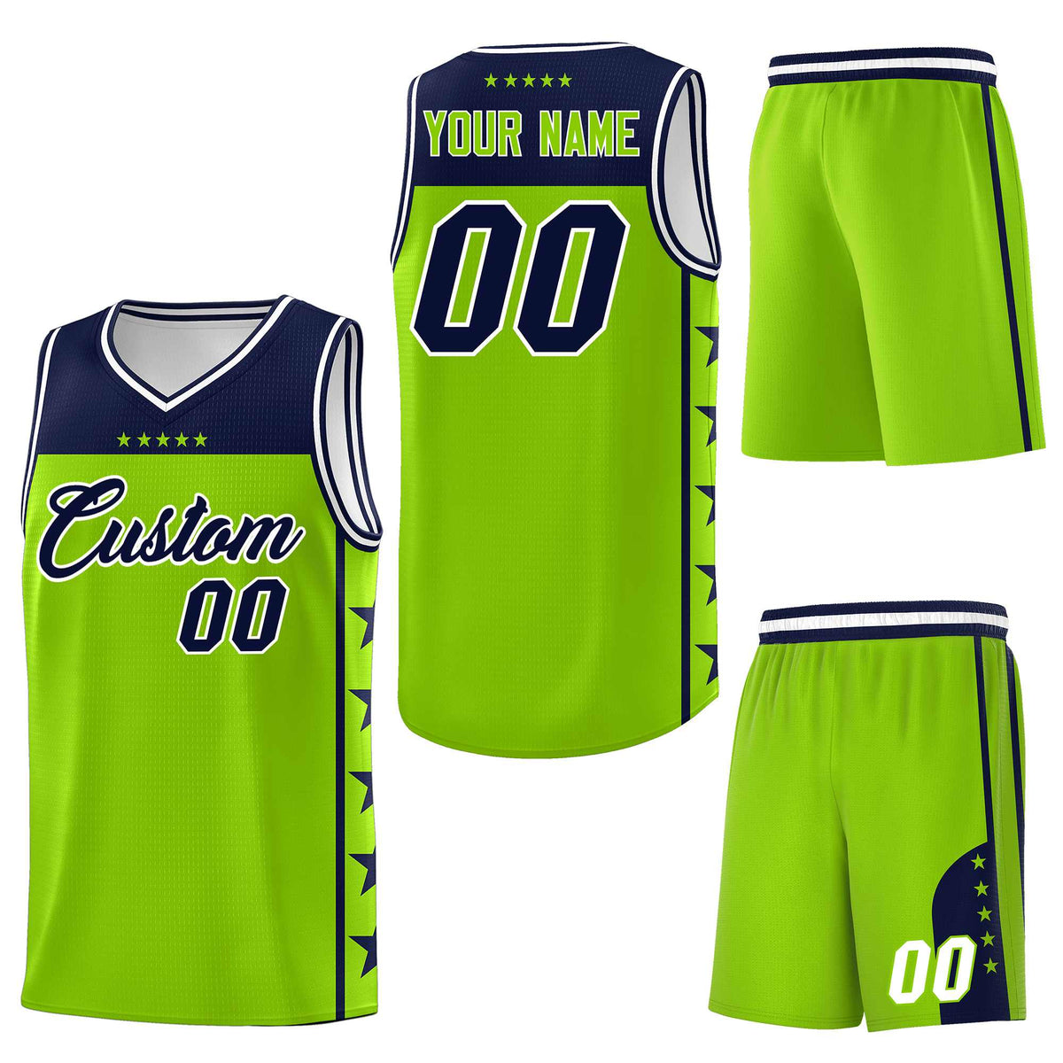 Custom Neon Green Navy Personalized Star Pattern Sports Uniform Basketball Jersey