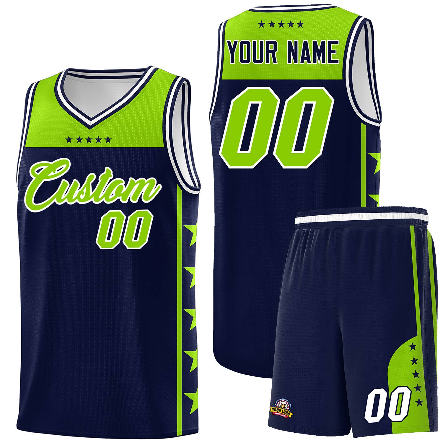Custom Navy Neon Green Color Block Sets Sports Uniform Basketball Jersey