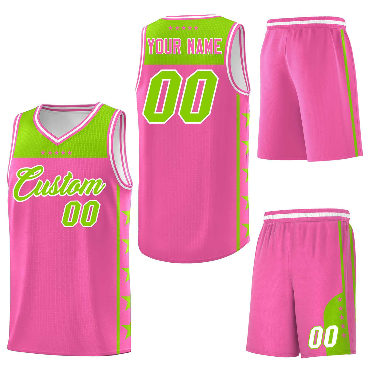 Custom Pink Neon Green Personalized Star Pattern Sports Uniform Basketball Jersey