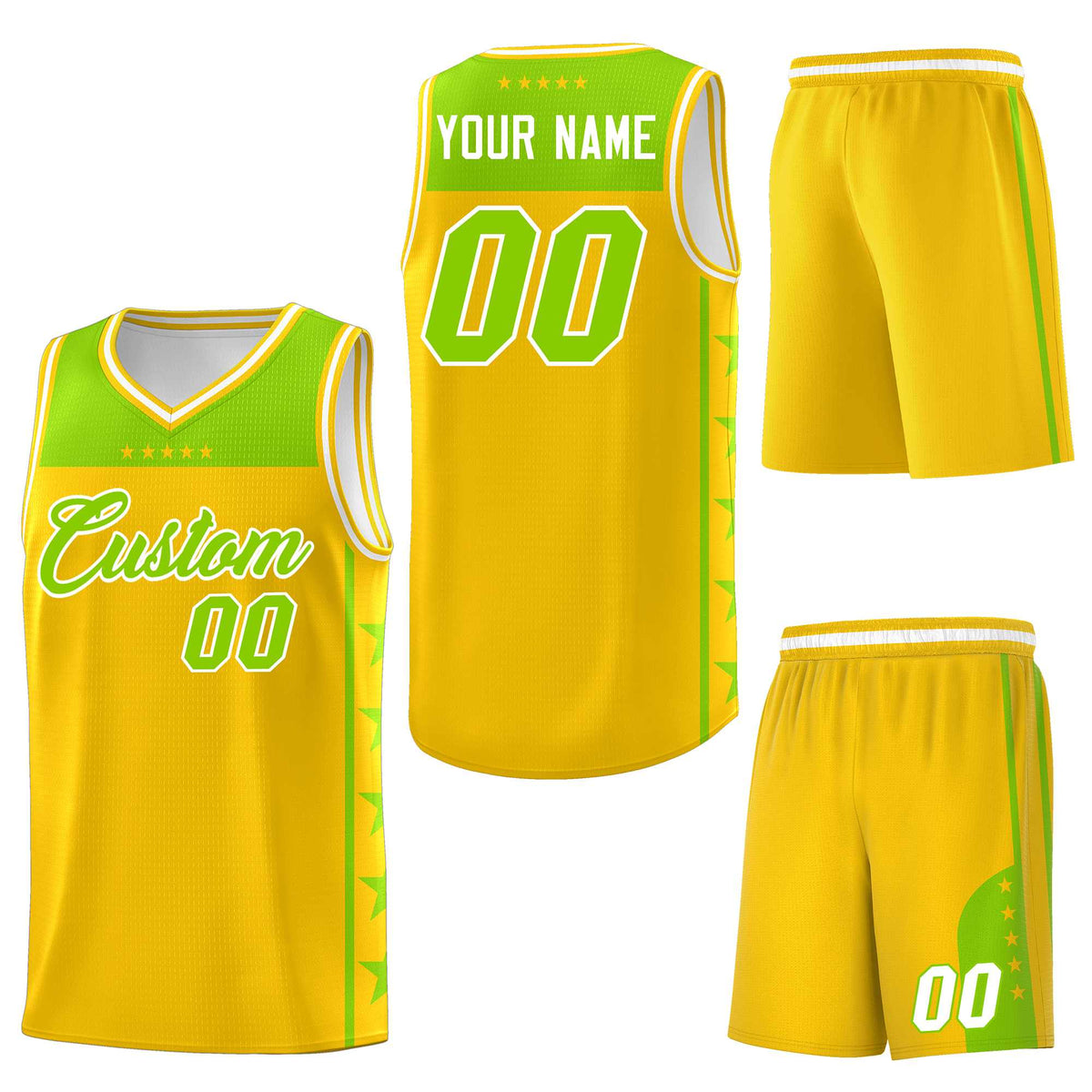 Custom Gold Neon Green Personalized Star Pattern Sports Uniform Basketball Jersey