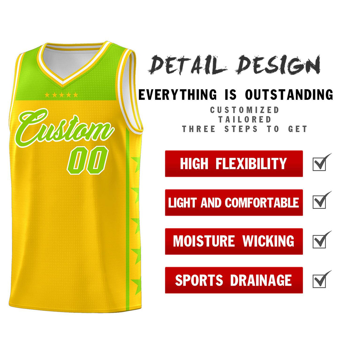 Custom Gold Neon Green Color Block Sets Sports Uniform Basketball Jersey