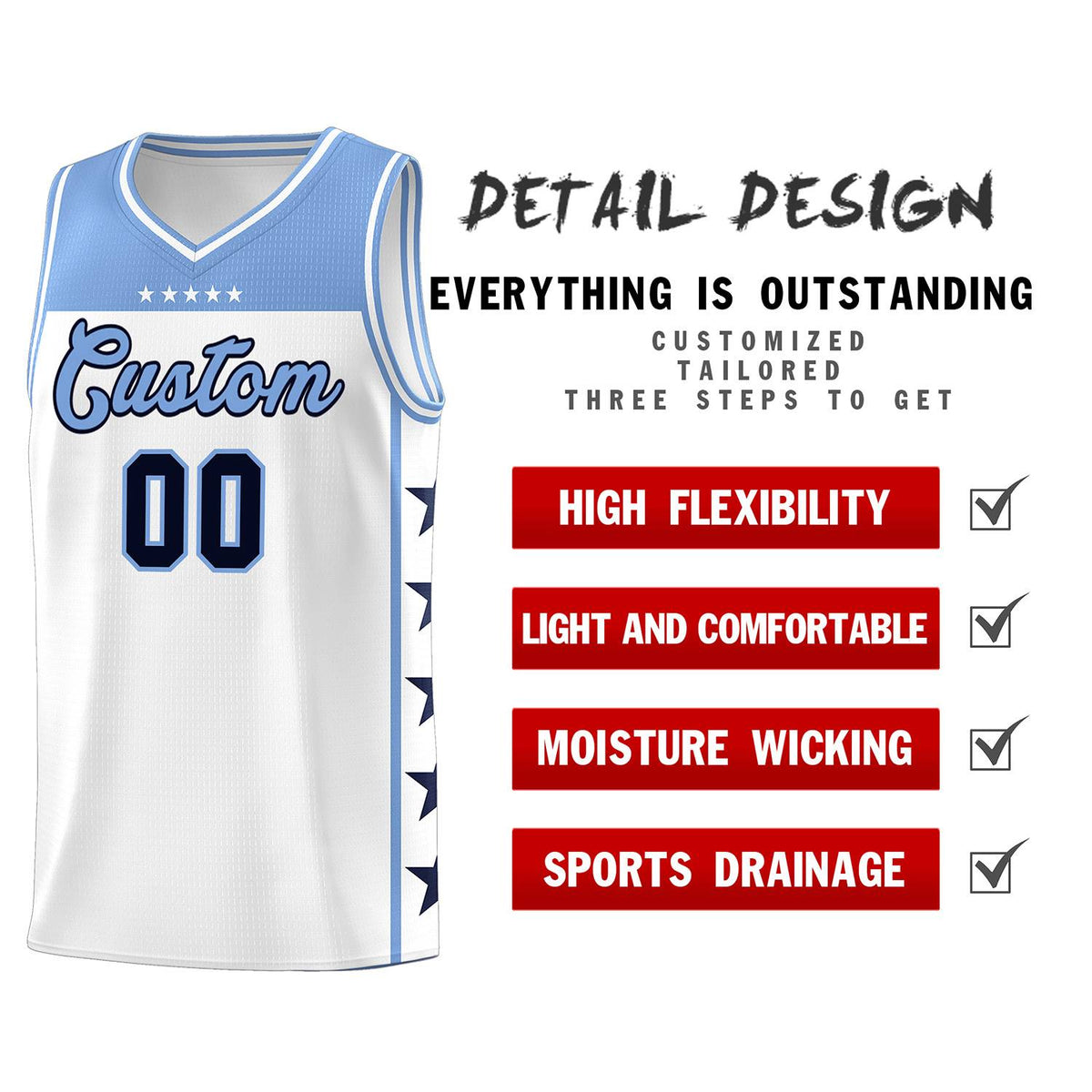 Custom White Light Blue Color Block Sets Sports Uniform Basketball Jersey