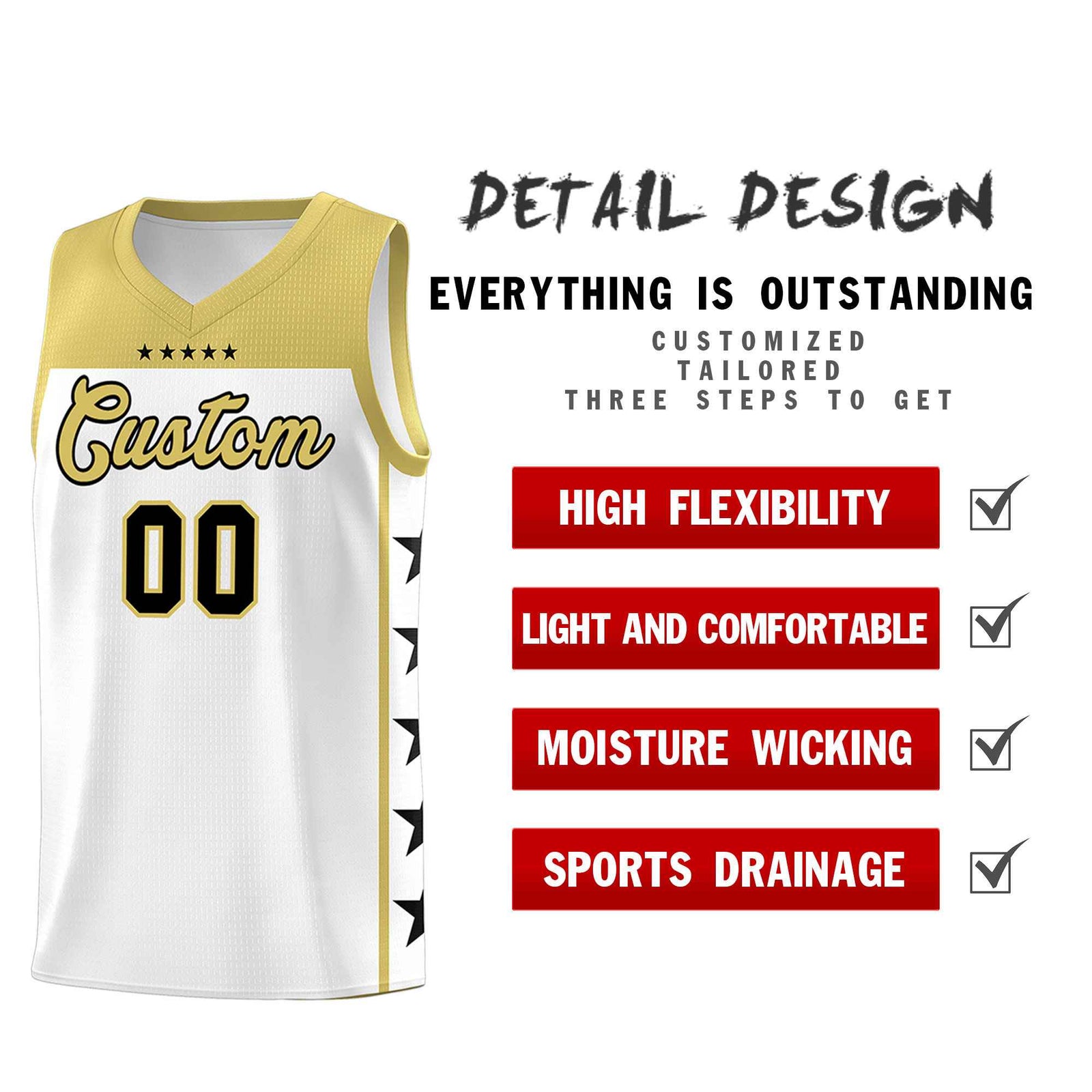 Custom White Old Gold Color Block Sets Sports Uniform Basketball Jersey