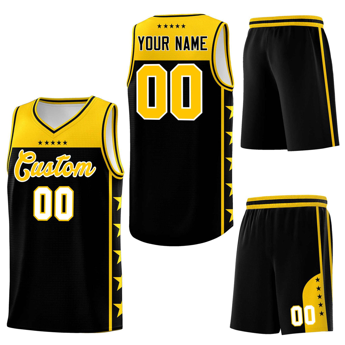 Custom Black Yellow Personalized Star Pattern Sports Uniform Basketball Jersey