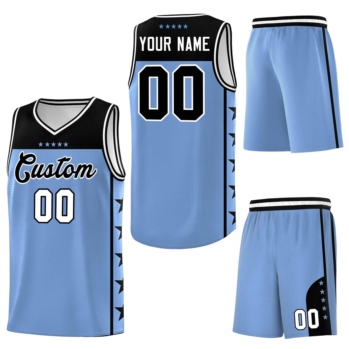 Custom Light Blue Black Personalized Star Pattern Sports Uniform Basketball Jersey