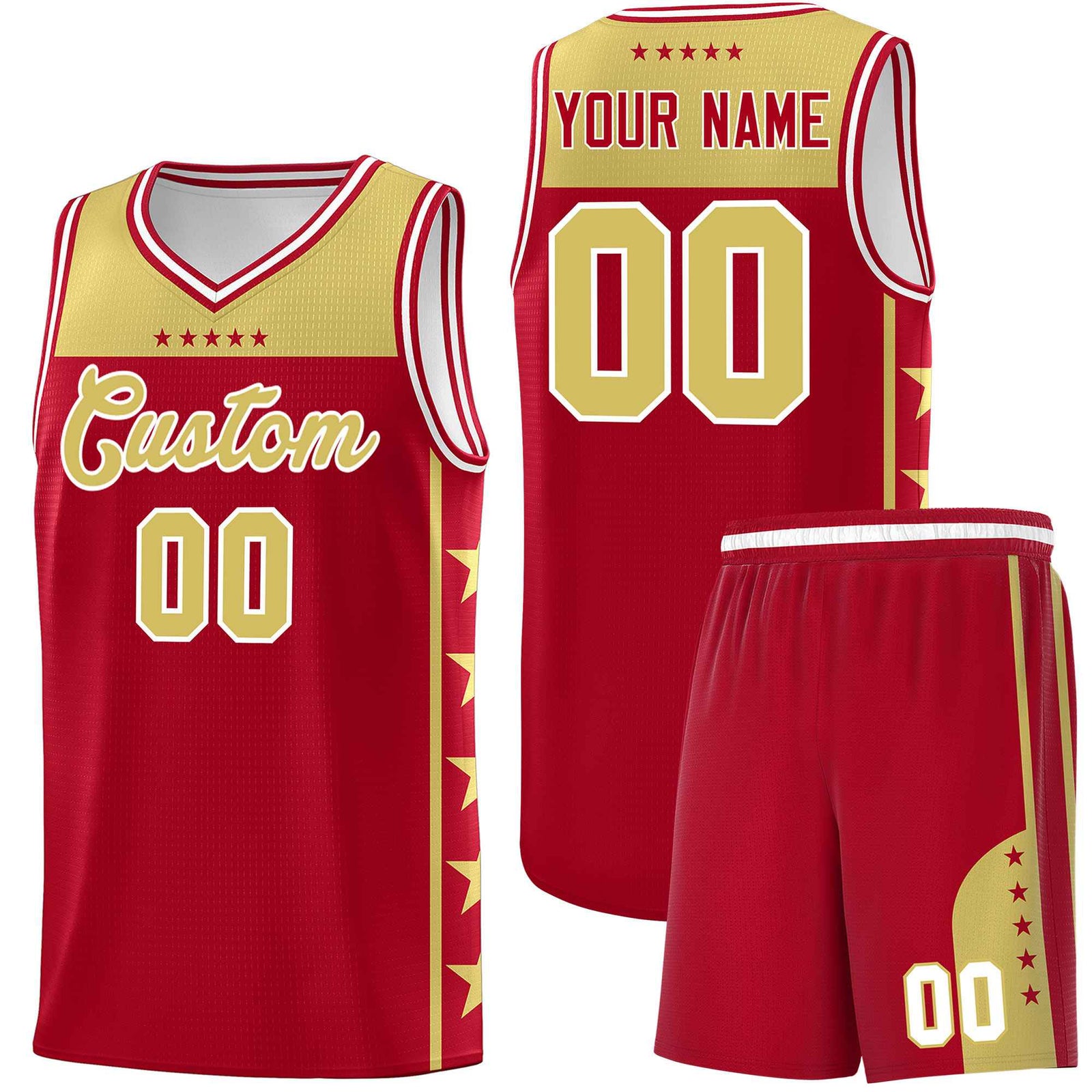 Custom Red Old Gold Color Block Sets Sports Uniform Basketball Jersey