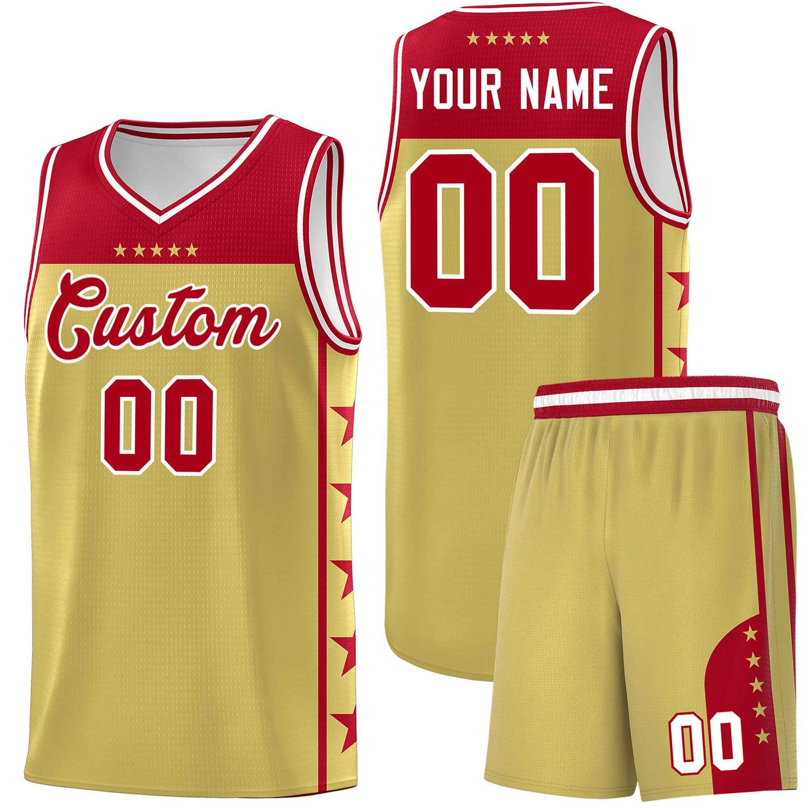 Custom Old Gold Red Color Block Sets Sports Uniform Basketball Jersey