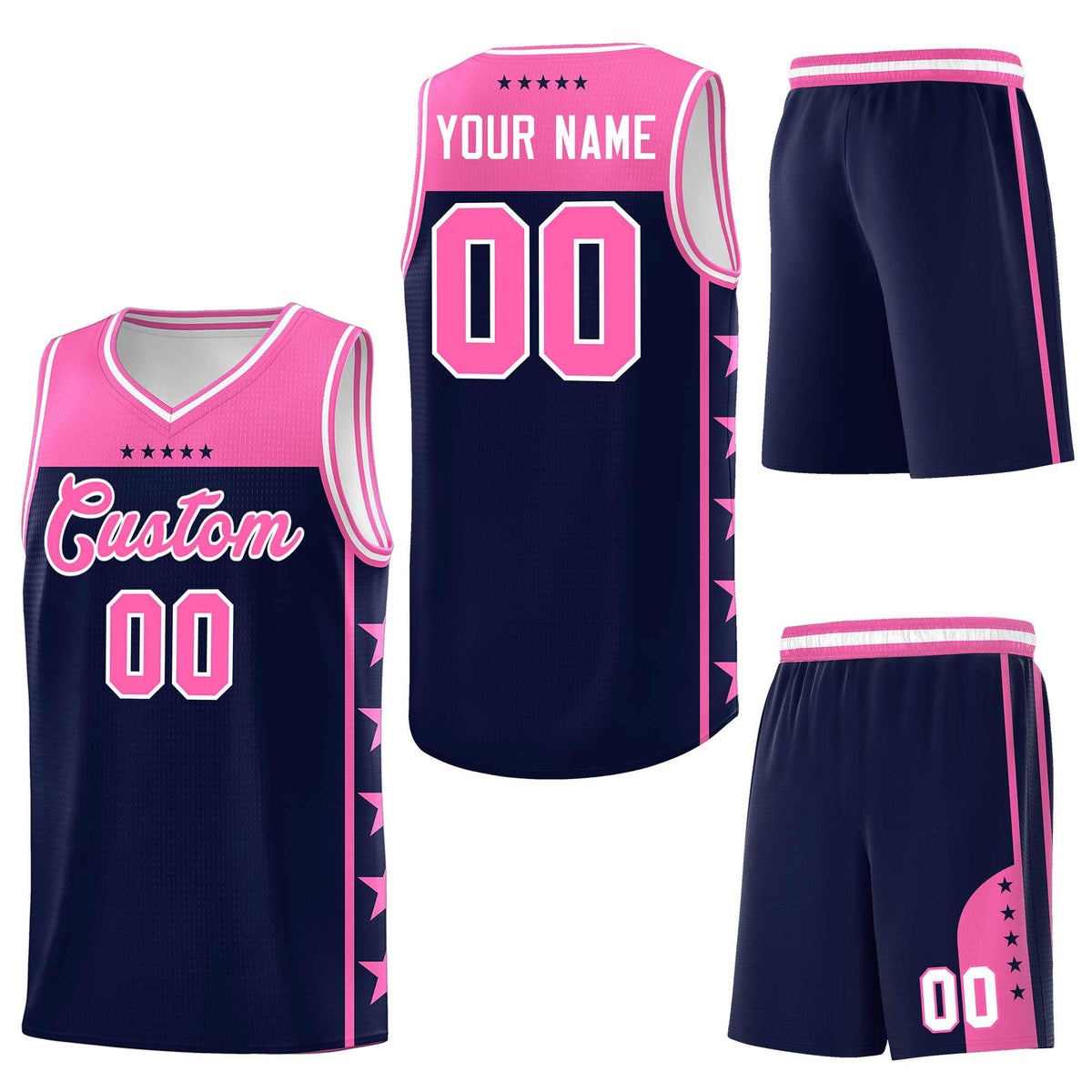 Custom Navy Pink Personalized Star Pattern Sports Uniform Basketball Jersey