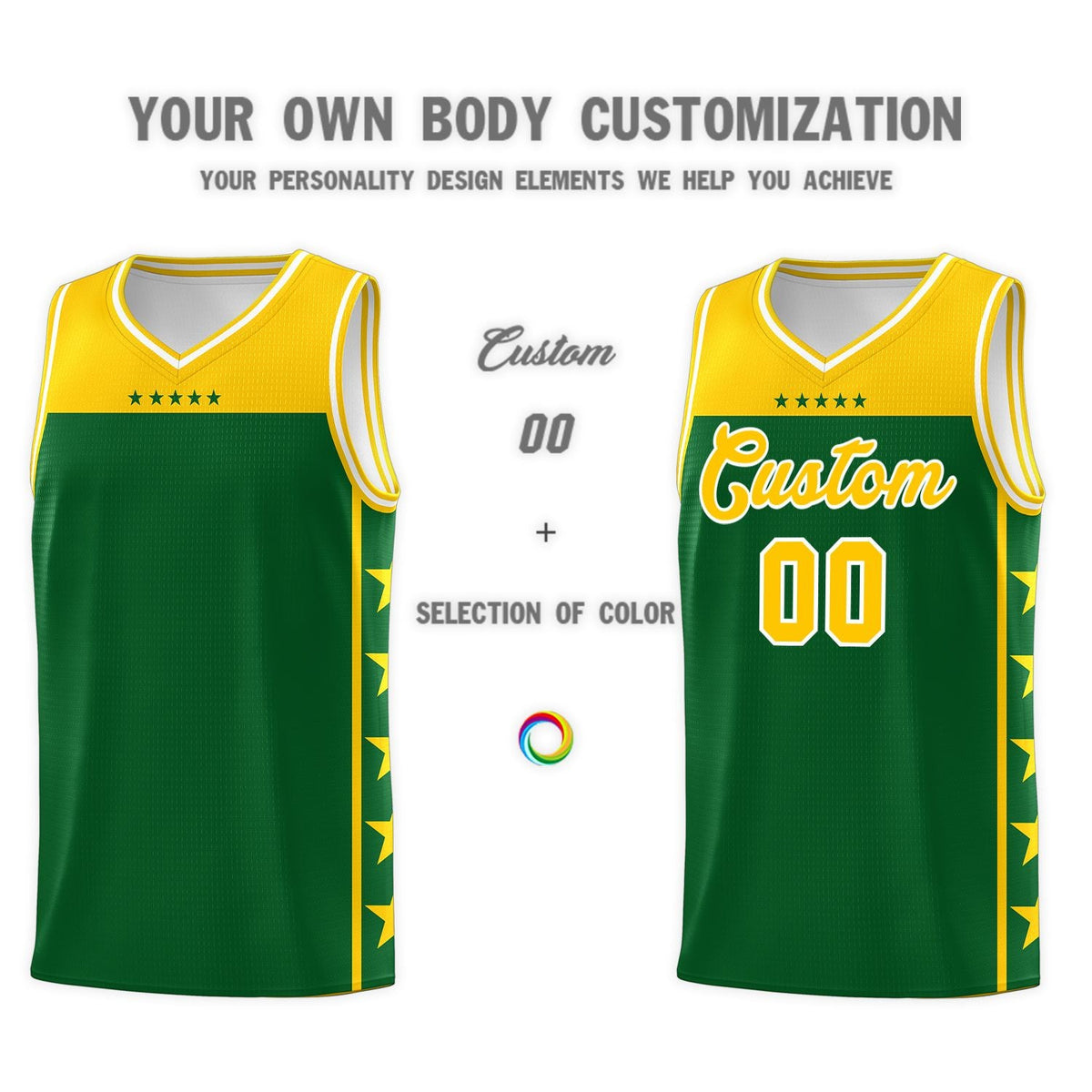 Custom Kelly Green Yellow Color Block Sets Sports Uniform Basketball Jersey