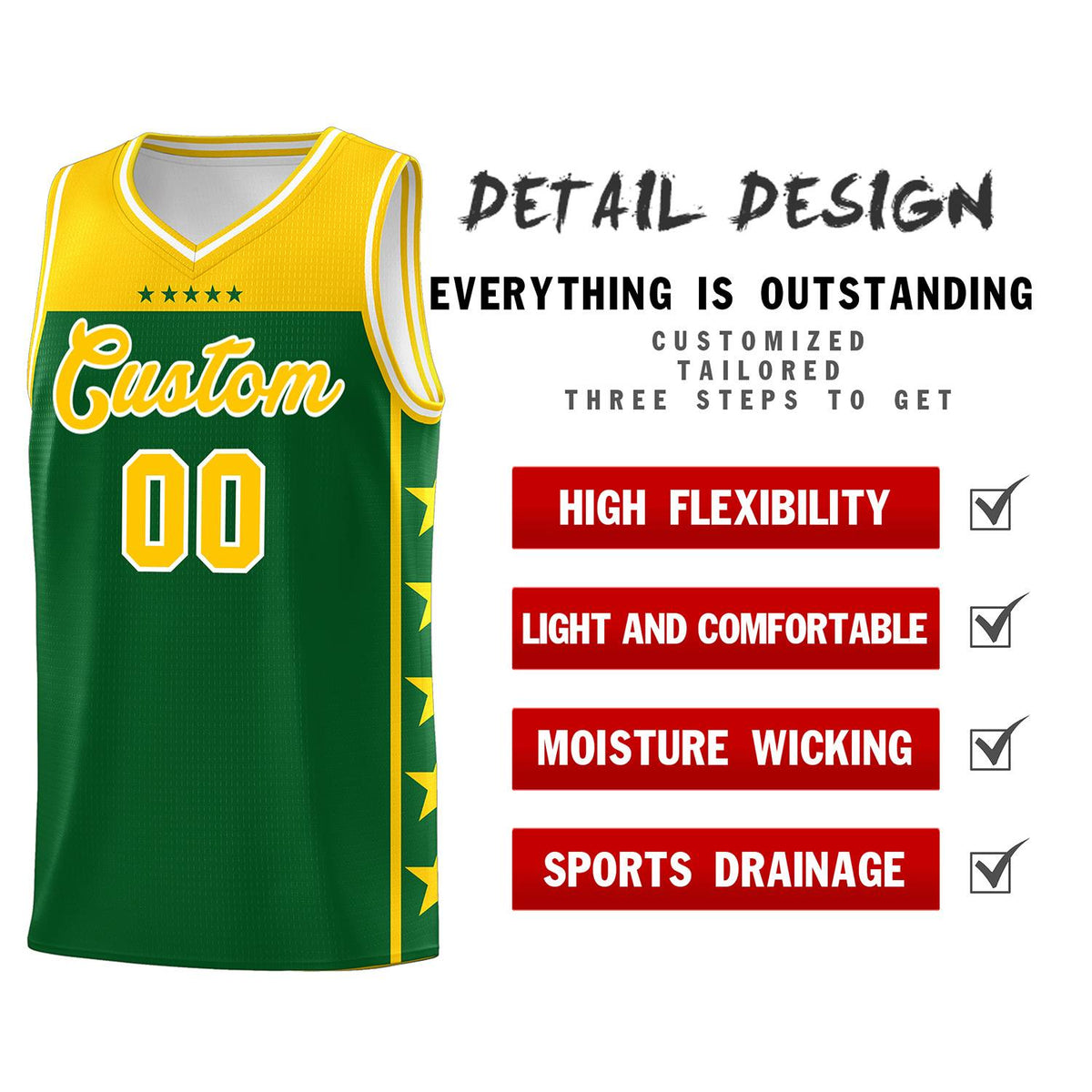 Custom Kelly Green Yellow Color Block Sets Sports Uniform Basketball Jersey