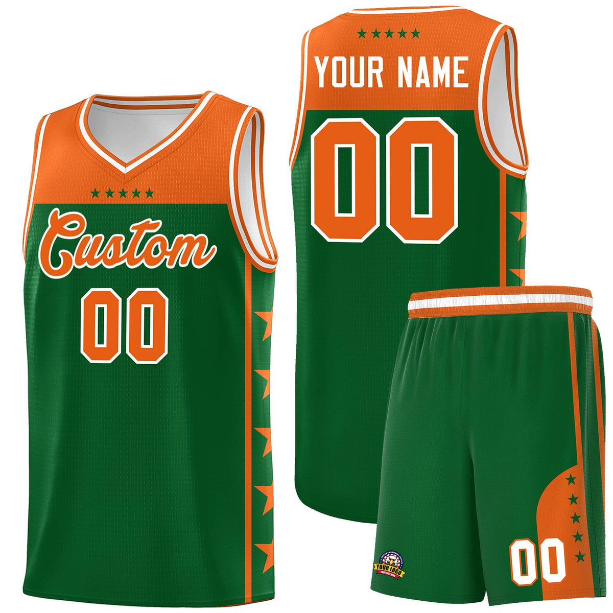 Custom Kelly Green Orange Color Block Sets Sports Uniform Basketball Jersey