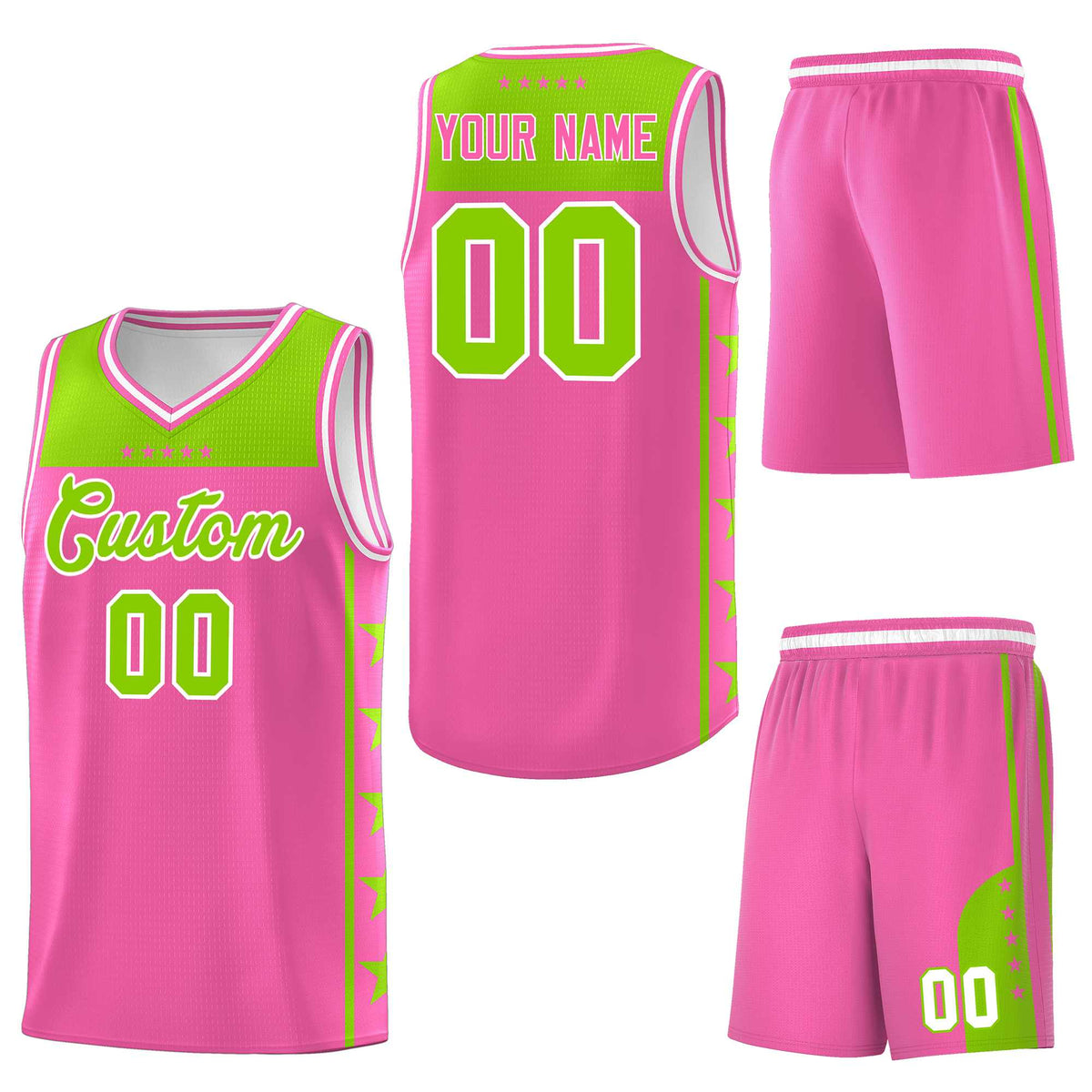 Custom Pink Neon Green Personalized Star Pattern Sports Uniform Basketball Jersey