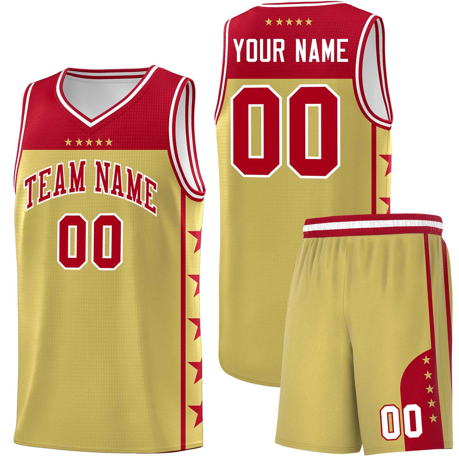 Custom Old Gold Red Color Block Sets Sports Uniform Basketball Jersey