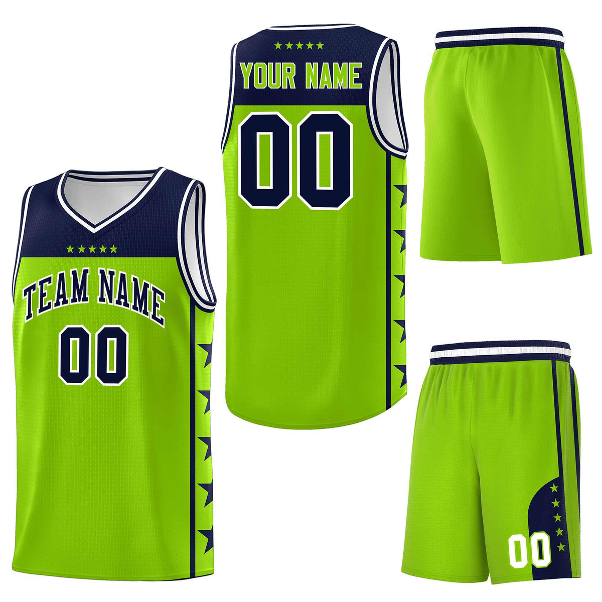 Custom Neon Green Navy Personalized Star Pattern Sports Uniform Basketball Jersey