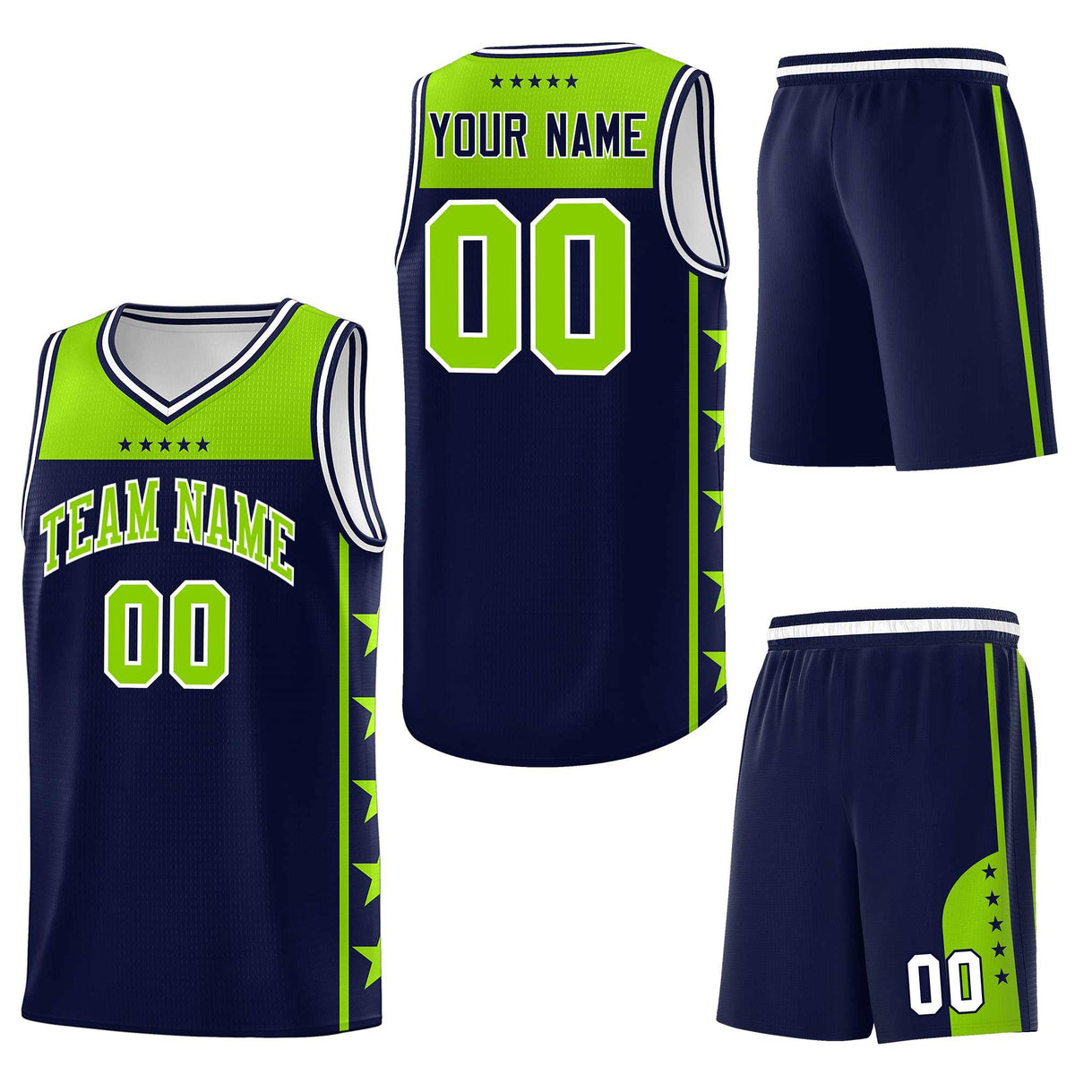Custom Navy Neon Green Personalized Star Pattern Sports Uniform Basketball Jersey