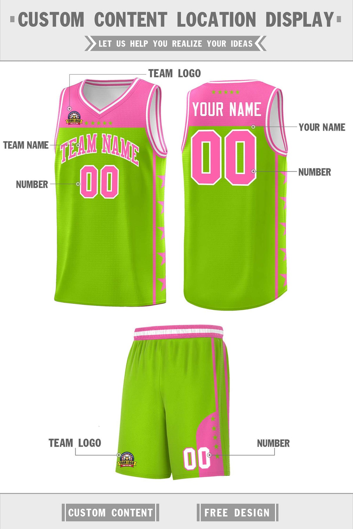 Custom Neon Green Pink Color Block Sets Sports Uniform Basketball Jersey