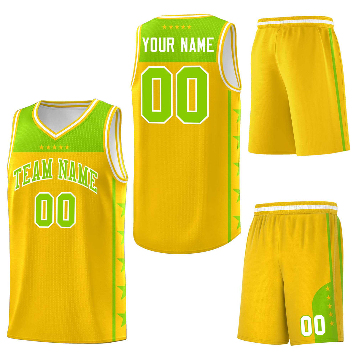 Custom Gold Neon Green Personalized Star Pattern Sports Uniform Basketball Jersey