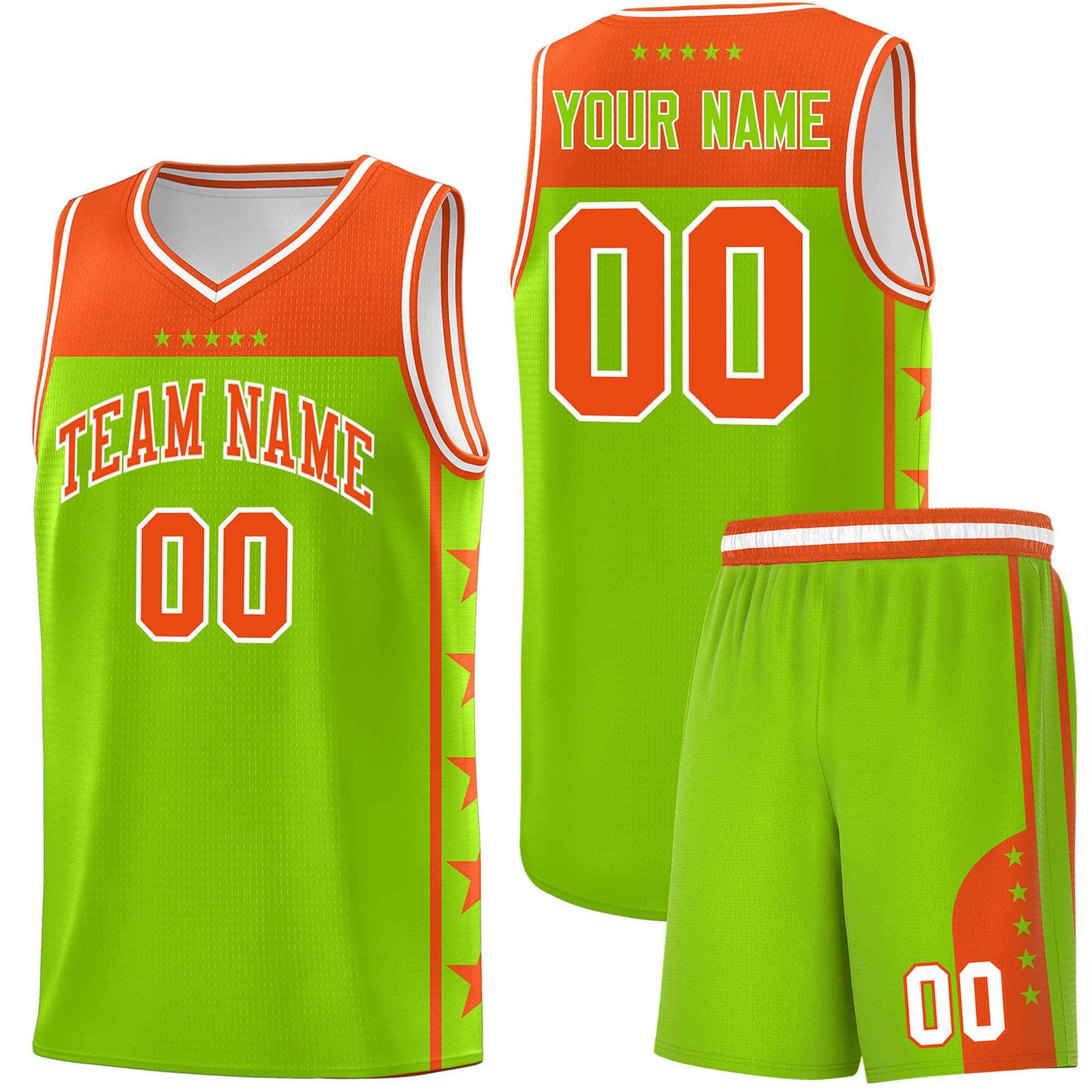 Custom Neon Green Orange Color Block Sets Sports Uniform Basketball Jersey
