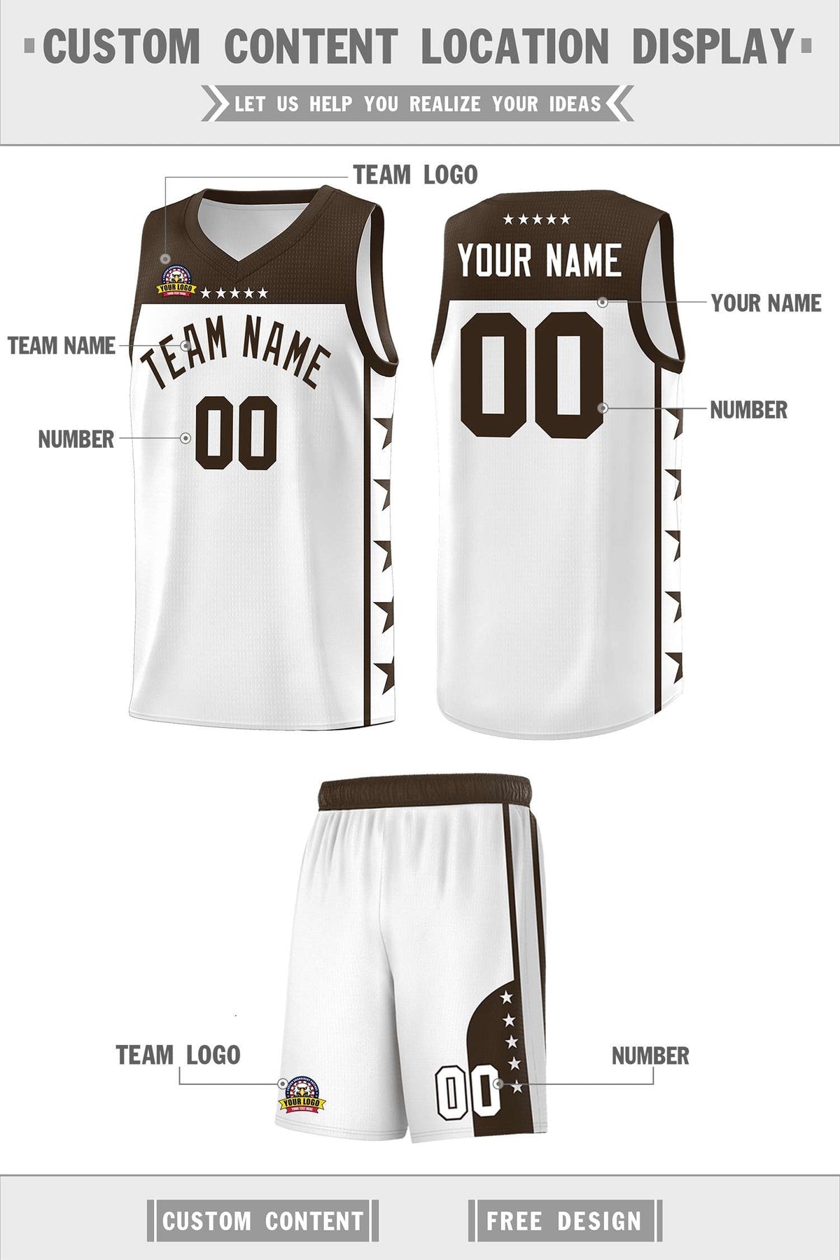 Custom White Brown Color Block Sets Sports Uniform Basketball Jersey