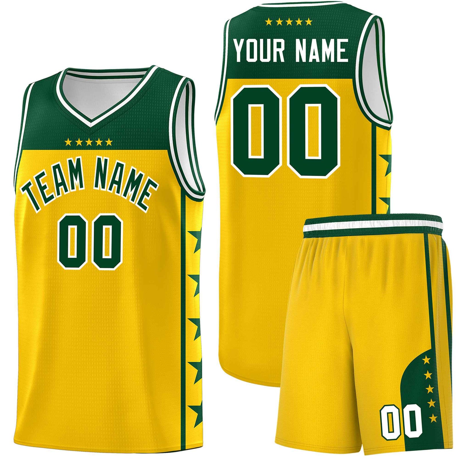 Custom Gold Kelly Green Color Block Sets Sports Uniform Basketball Jersey