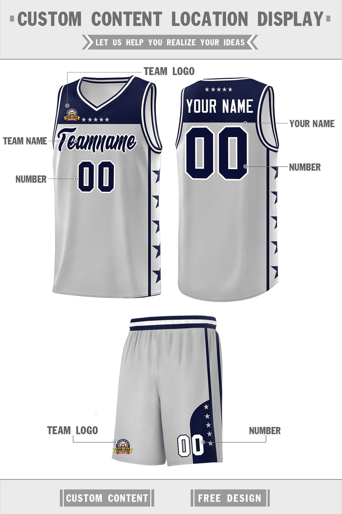 Custom Gray Navy Color Block Sets Sports Uniform Basketball Jersey
