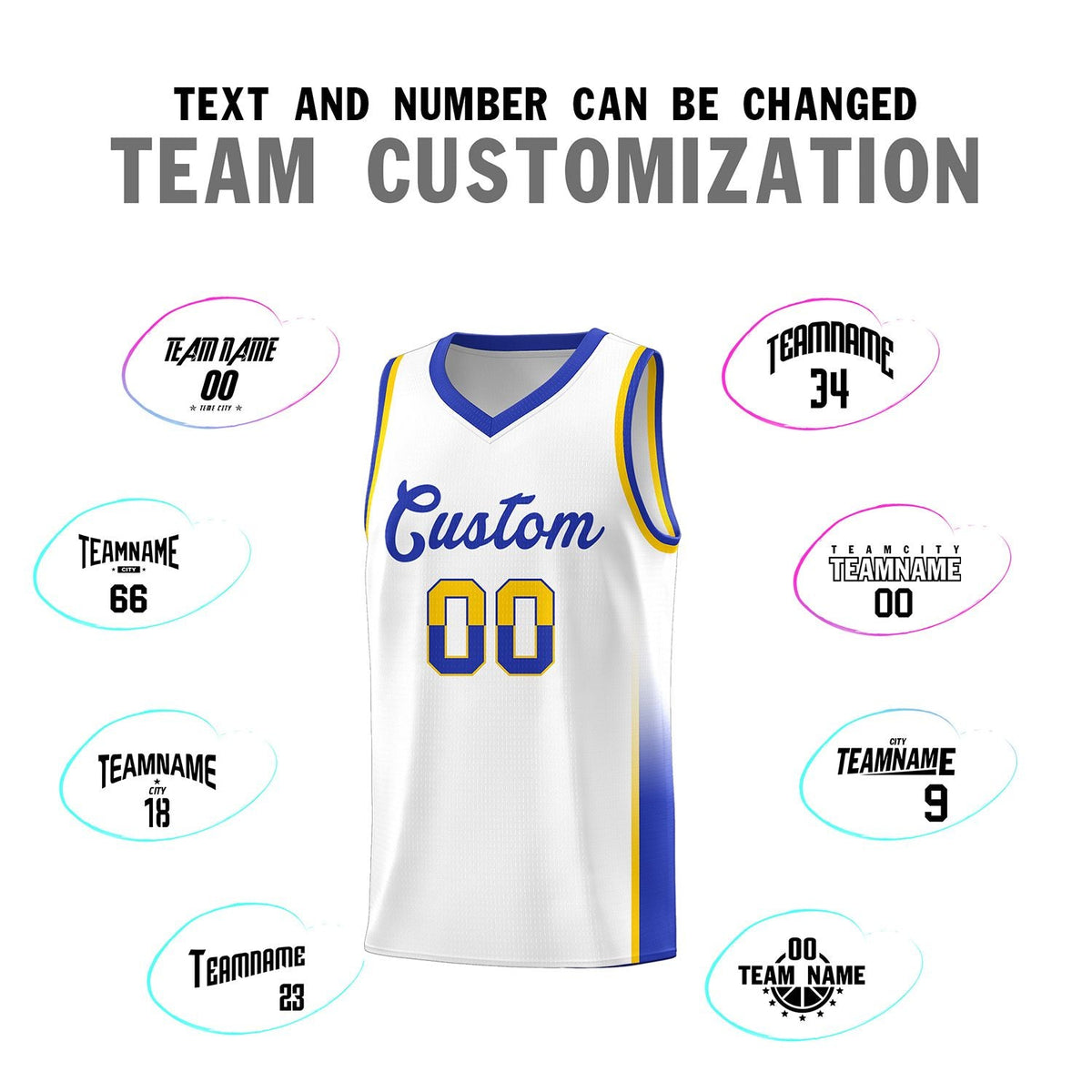 Custom White Gold-Royal Personalized Two Tone Font Sports Uniform Basketball Jersey