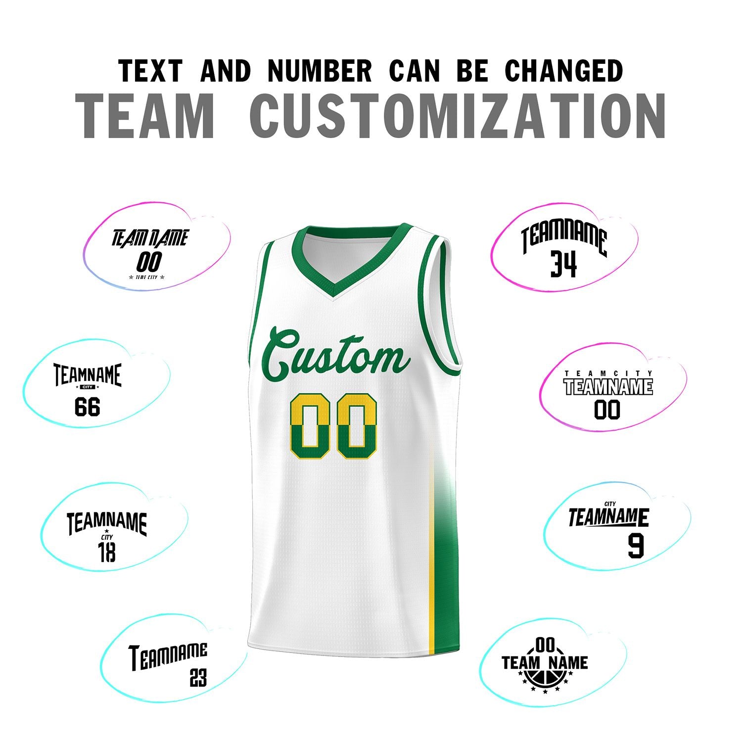 Custom White Gold-Kelly Green Personalized Two Tone Font Sports Uniform Basketball Jersey