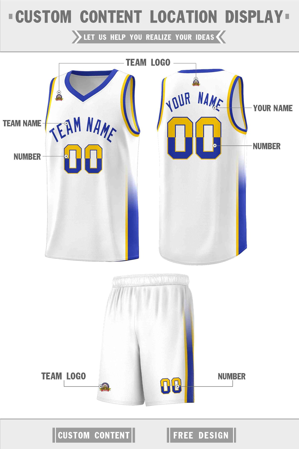Custom White Gold-Royal Personalized Two Tone Font Sports Uniform Basketball Jersey