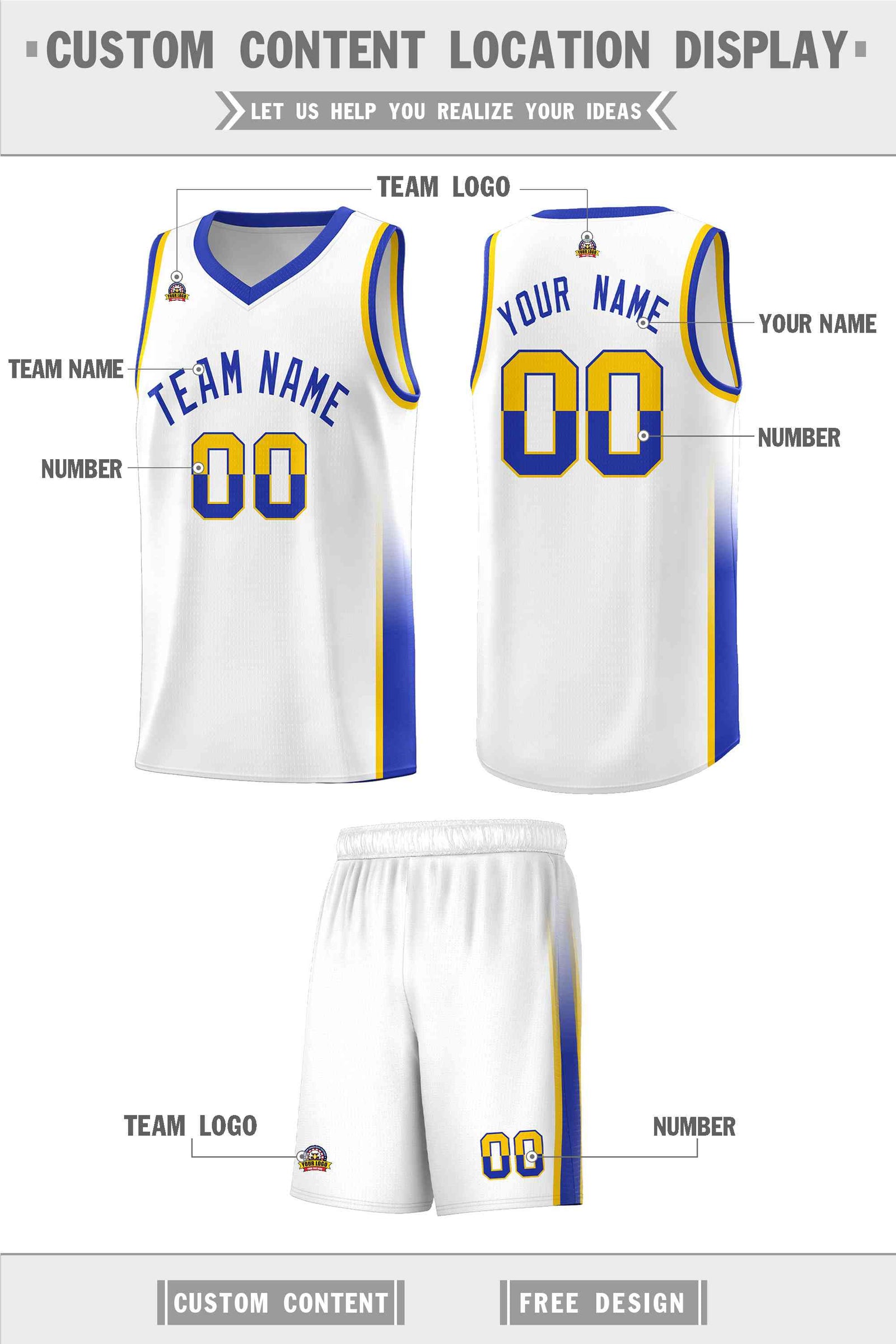 Custom White Gold-Royal Personalized Two Tone Font Sports Uniform Basketball Jersey