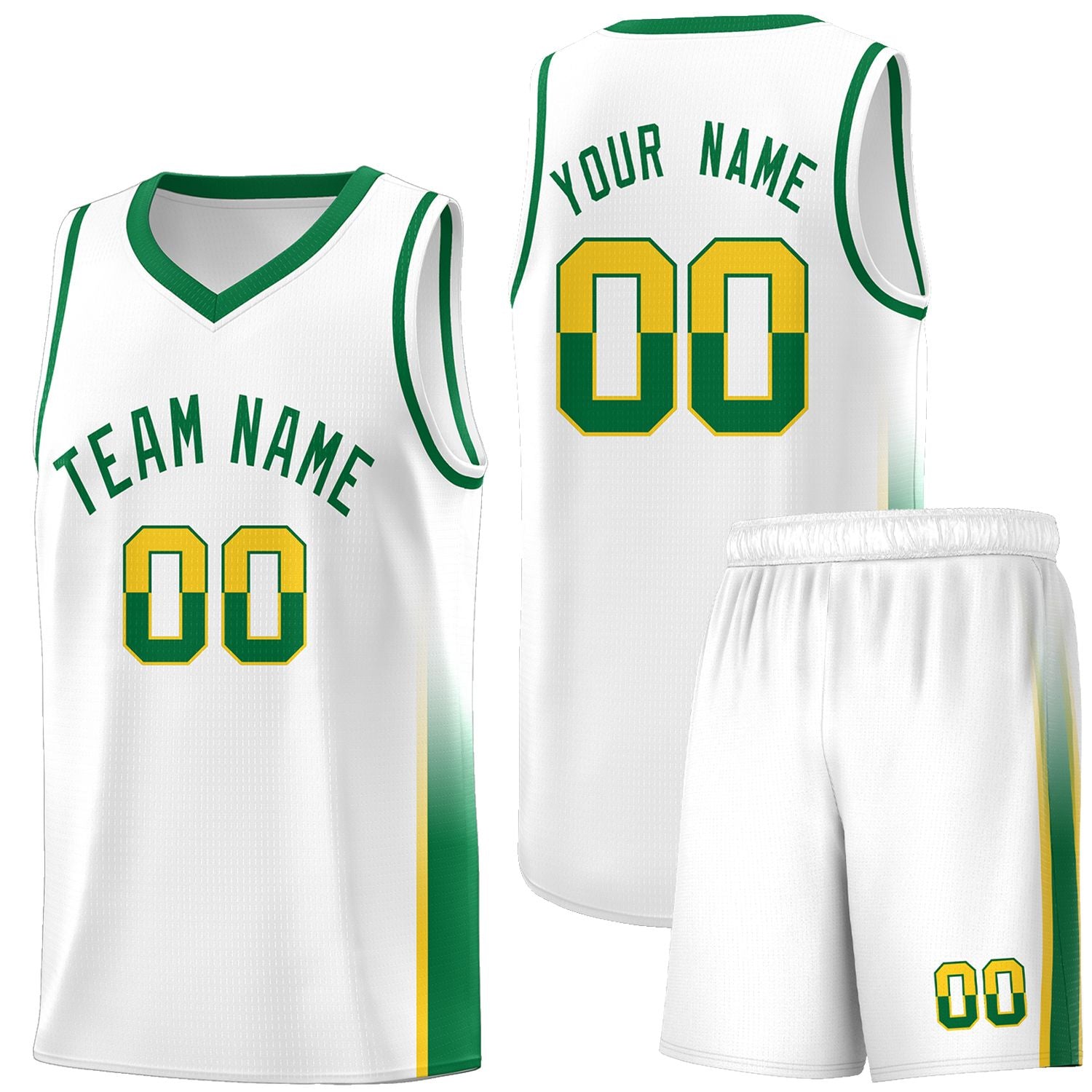 Custom White Gold-Kelly Green Personalized Two Tone Font Sports Uniform Basketball Jersey