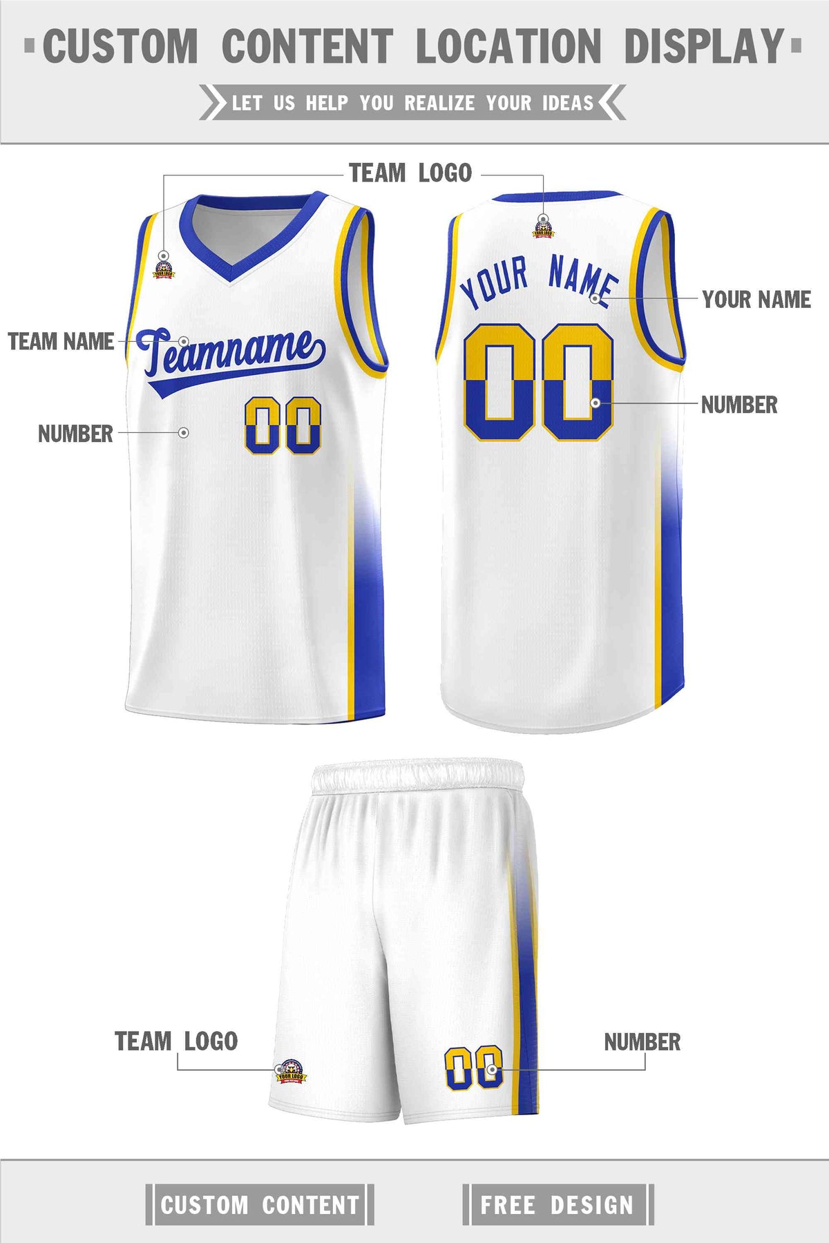 Custom White Gold-Royal Personalized Two Tone Font Sports Uniform Basketball Jersey