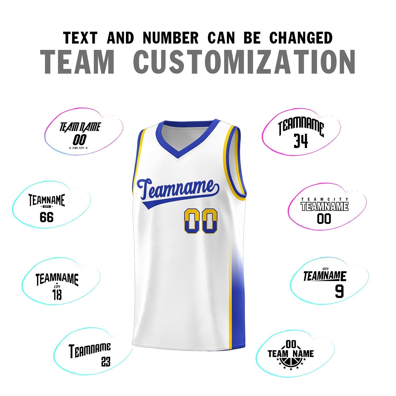 Custom White Gold-Royal Personalized Two Tone Font Sports Uniform Basketball Jersey
