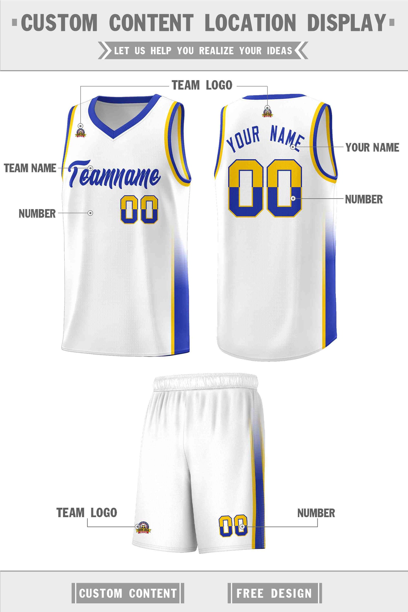 Custom White Gold-Royal Personalized Two Tone Font Sports Uniform Basketball Jersey