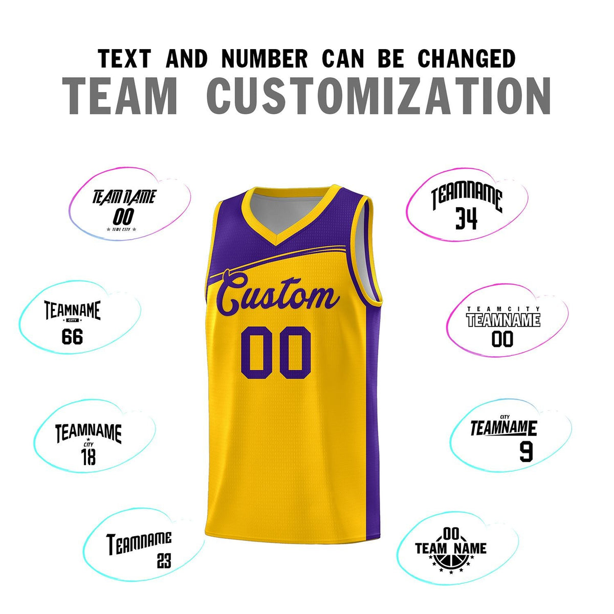 Custom Yellow Purple Color Block Sports Uniform Basketball Jersey