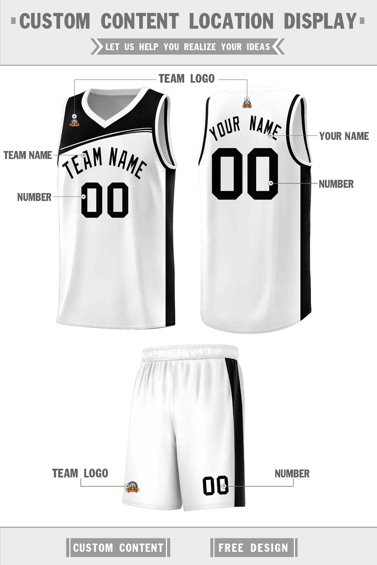 Custom White Black Color Block Sports Uniform Basketball Jersey